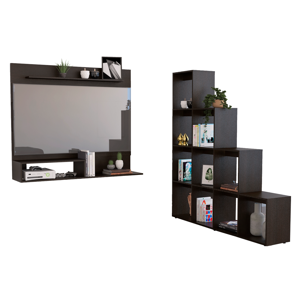 Panel TV + Biblioteca Escalera Beijing Color Wengue Para Sala De Estar